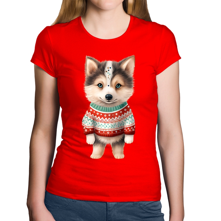 Baby Look Algodão Cachorro Husky Siberiano Natalino - Vermelha