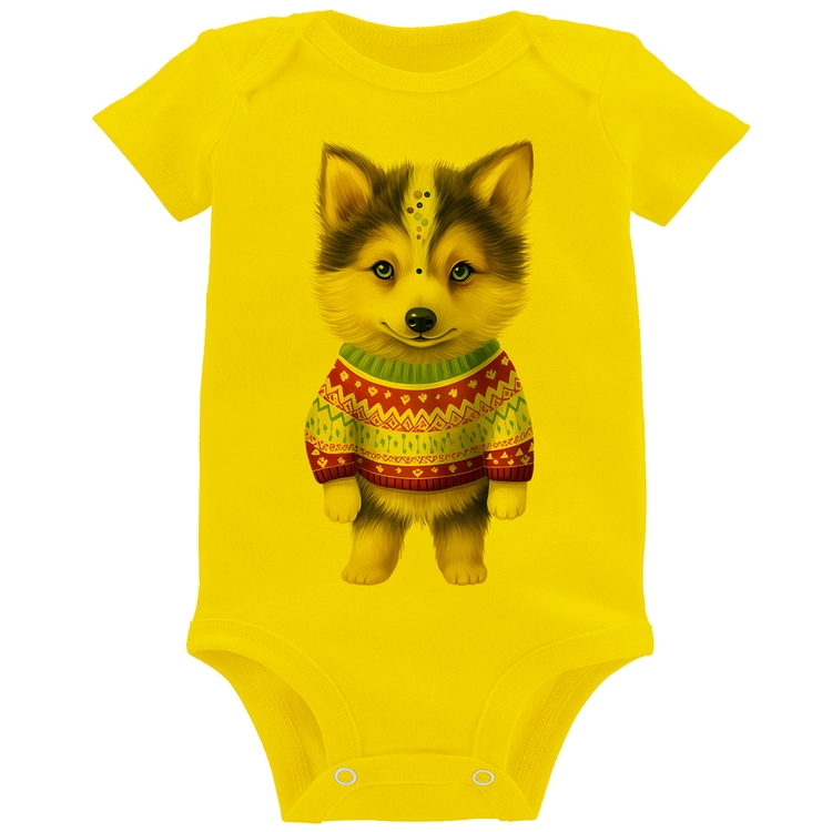 Body Bebê Cachorro Husky Siberiano Natalino - Amarelo