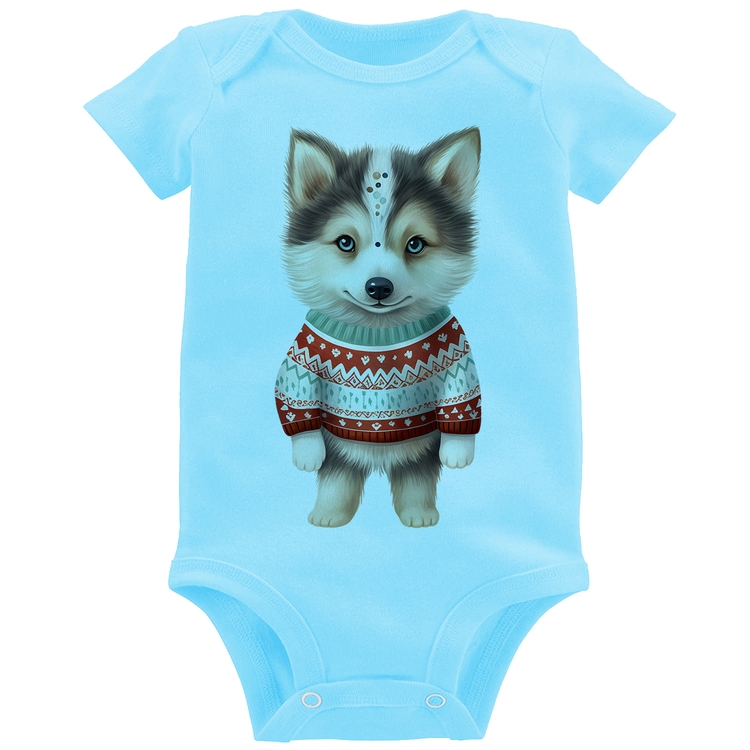 Body Bebê Cachorro Husky Siberiano Natalino - Azul Bebê
