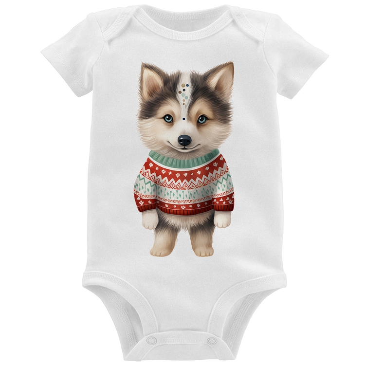 Body Bebê Cachorro Husky Siberiano Natalino