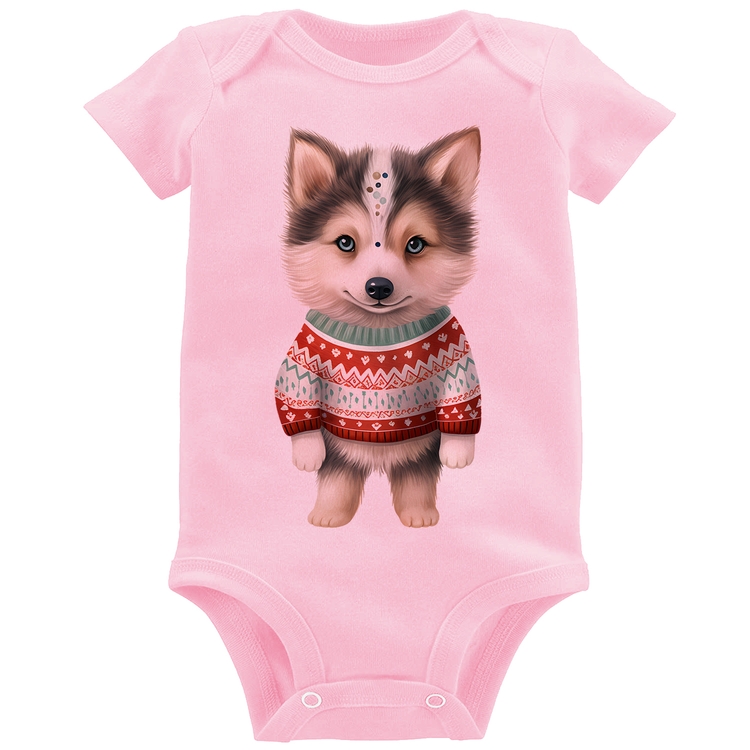 Body Bebê Cachorro Husky Siberiano Natalino - Rosa Bebê