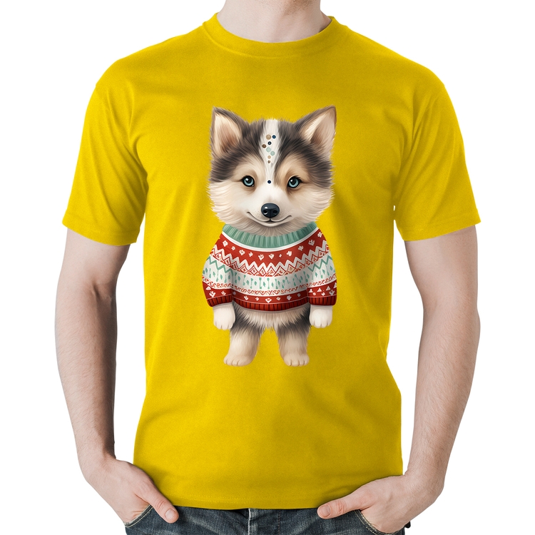 Camiseta Algodão Cachorro Husky Siberiano Natalino - Amarela