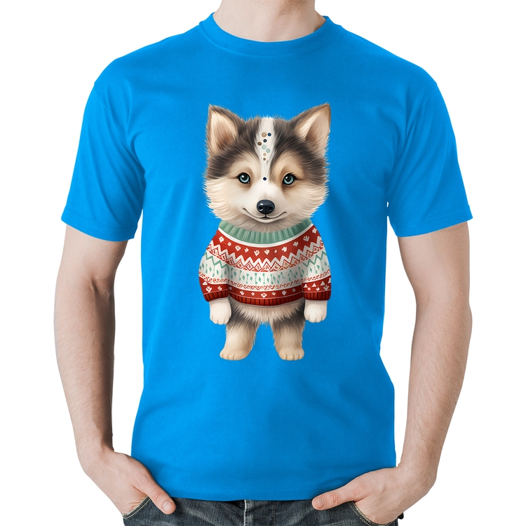 Camiseta Algodão Cachorro Husky Siberiano Natalino - Azul