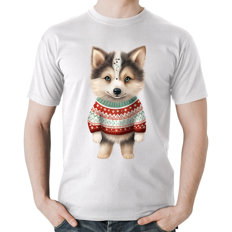 Camiseta Algodão Cachorro Husky Siberiano Natalino - Branca