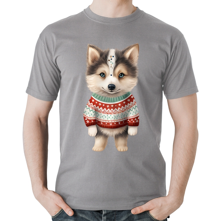 Camiseta Algodão Cachorro Husky Siberiano Natalino - Cinza