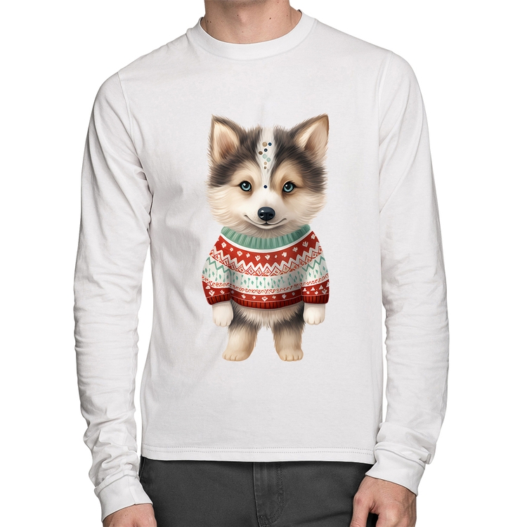Camiseta Algodão Cachorro Husky Siberiano Natalino Manga Longa - Branca