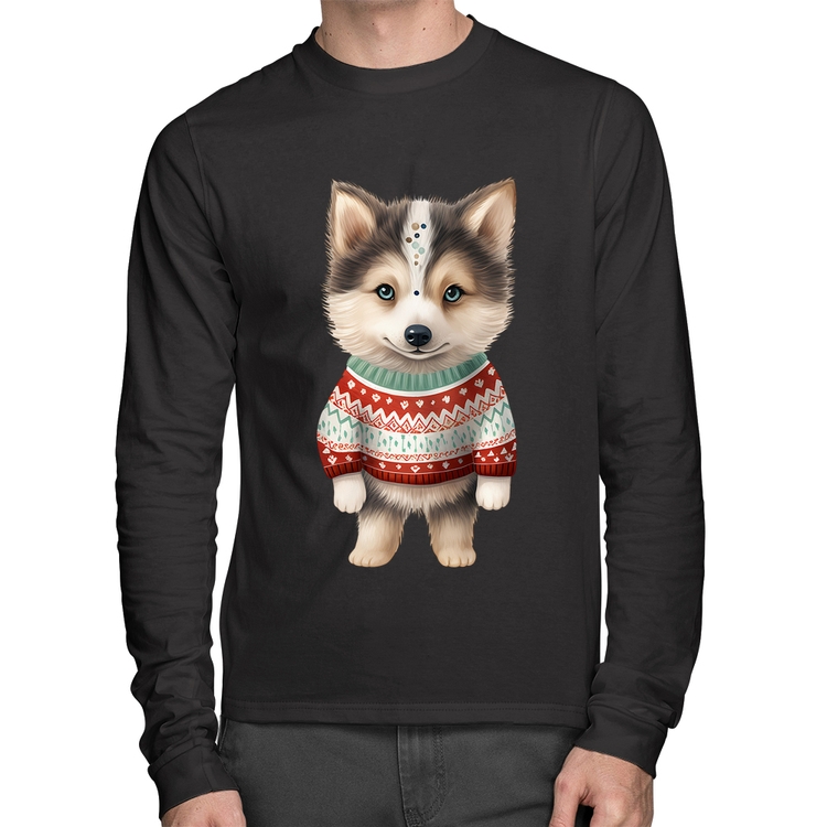 Camiseta Algodão Cachorro Husky Siberiano Natalino Manga Longa