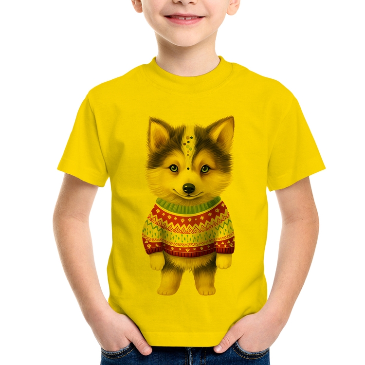 Camiseta Infantil Cachorro Husky Siberiano Natalino - Amarela