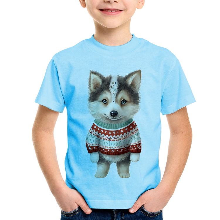 Camiseta Infantil Cachorro Husky Siberiano Natalino - Azul Bebê