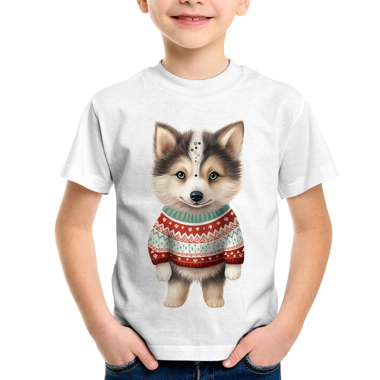 Camiseta Infantil Cachorro Husky Siberiano Natalino