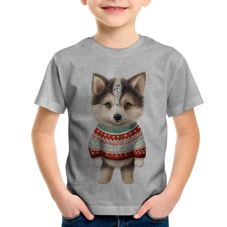 Camiseta Infantil Cachorro Husky Siberiano Natalino - Cinza
