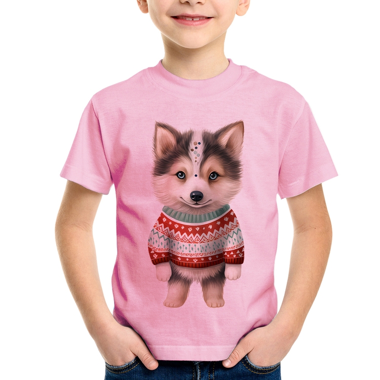 Camiseta Infantil Cachorro Husky Siberiano Natalino - Rosa Bebê
