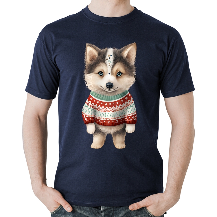 Camiseta Algodão Cachorro Husky Siberiano Natalino - Marinho