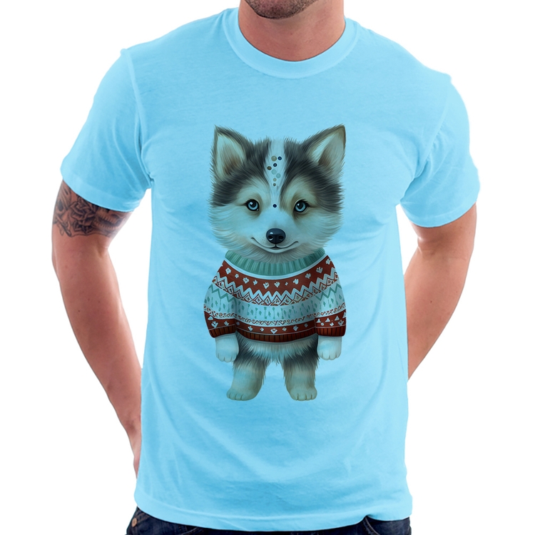 Camiseta Cachorro Husky Siberiano Natalino - Azul Bebê