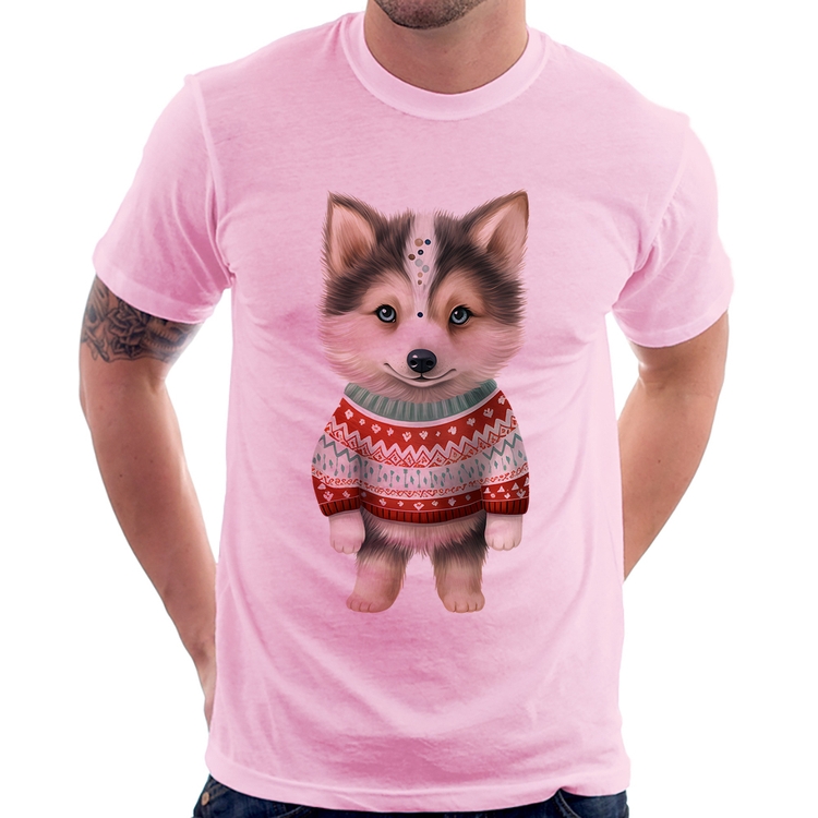Camiseta Cachorro Husky Siberiano Natalino - Rosa Bebê