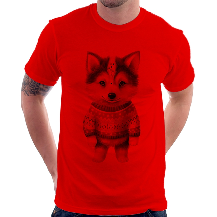 Camiseta Cachorro Husky Siberiano Natalino - Vermelha
