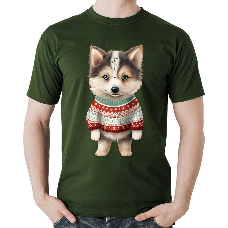 Camiseta Algodão Cachorro Husky Siberiano Natalino - Musgo