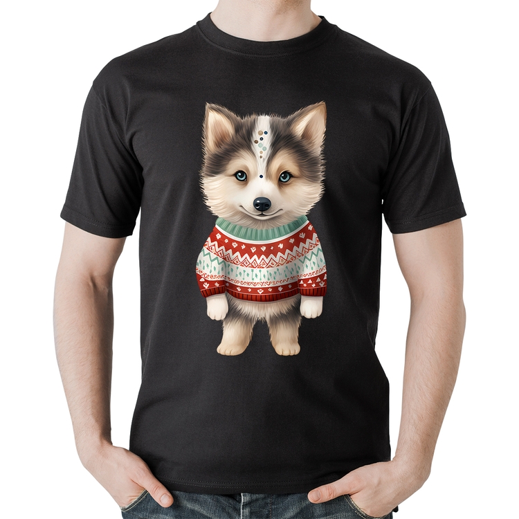 Camiseta Algodão Cachorro Husky Siberiano Natalino