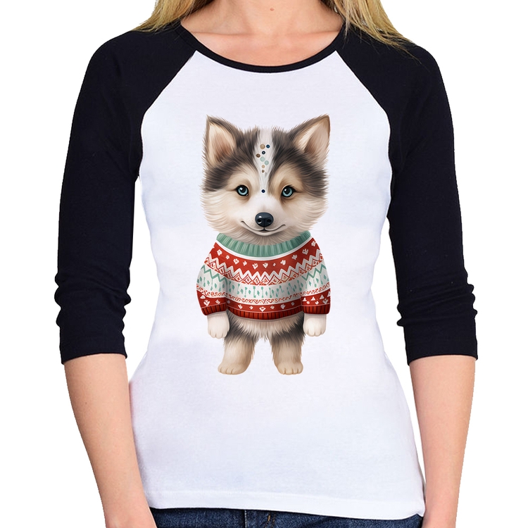 Baby Look Raglan Cachorro Husky Siberiano Natalino Manga 3/4