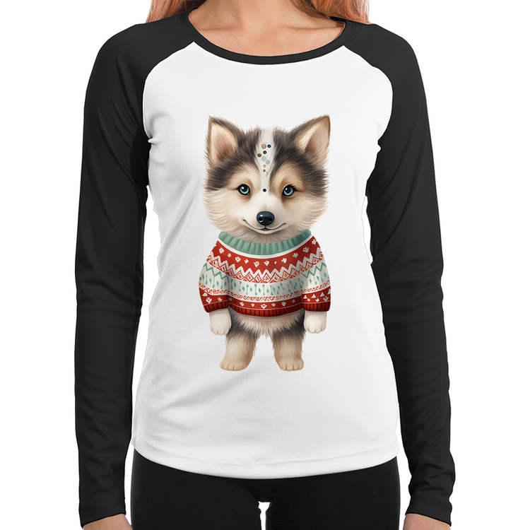 Baby Look Raglan Cachorro Husky Siberiano Natalino Manga Longa