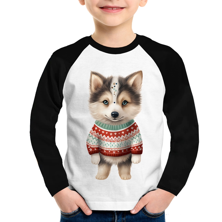 Camiseta Raglan Infantil Cachorro Husky Siberiano Natalino Manga Longa