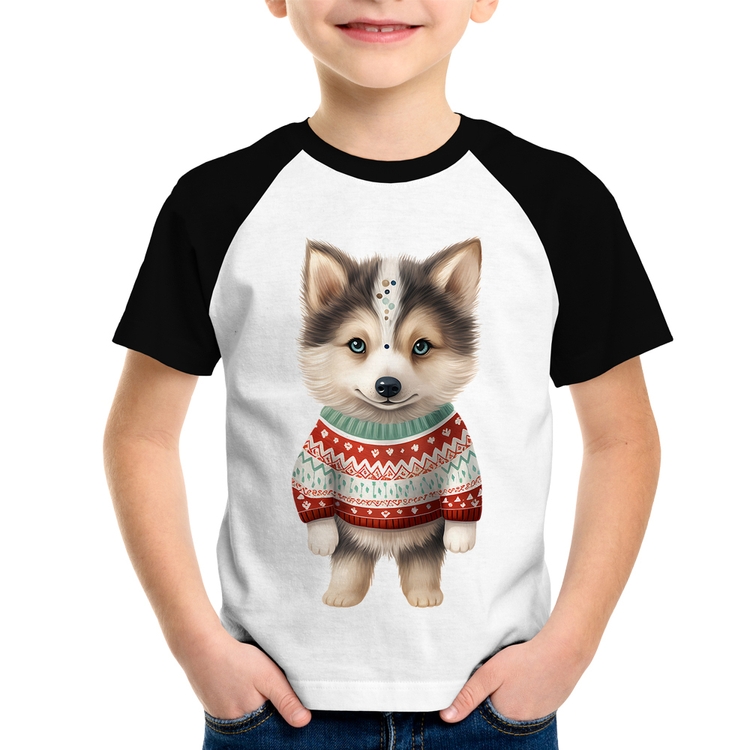 Camiseta Raglan Infantil Cachorro Husky Siberiano Natalino