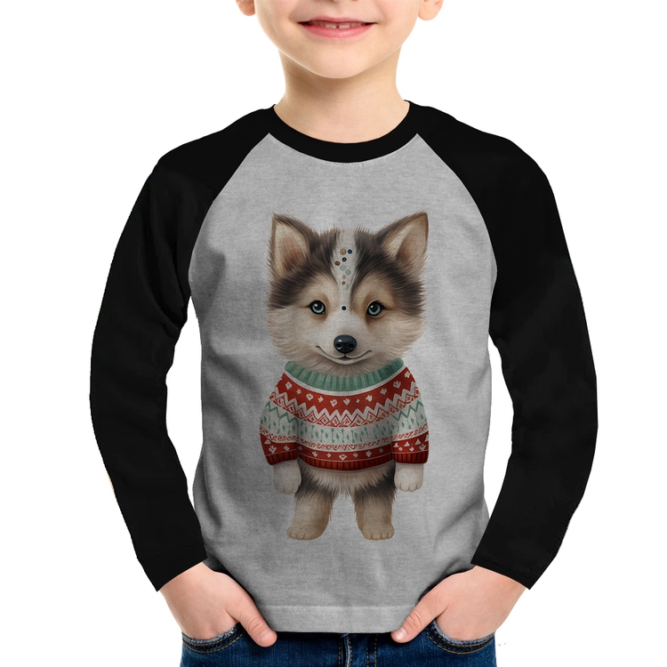Camiseta Raglan Infantil Cachorro Husky Siberiano Natalino Manga Longa - Cinza/Preto