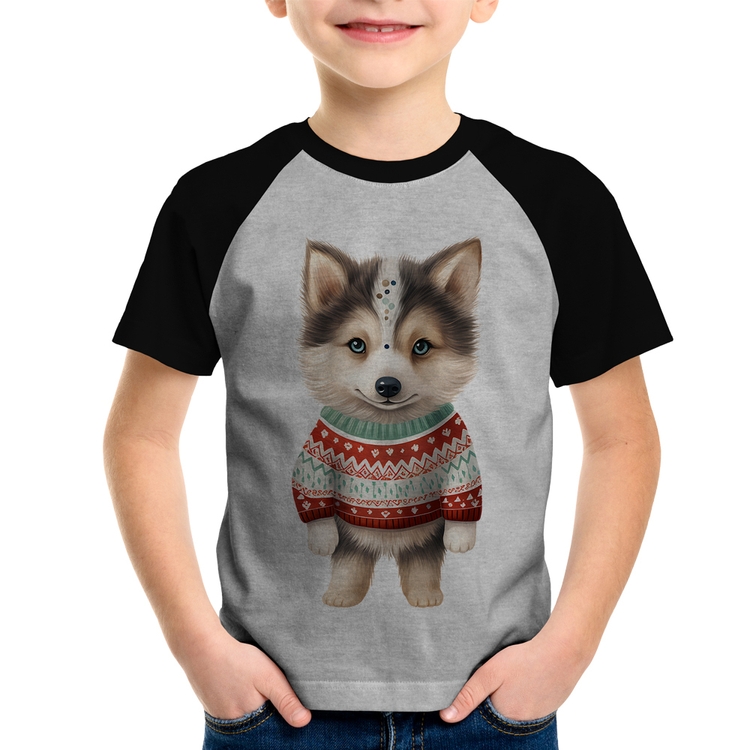 Camiseta Raglan Infantil Cachorro Husky Siberiano Natalino - Cinza/Preto