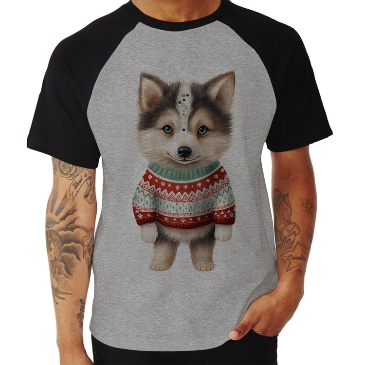 Camiseta Raglan Cachorro Husky Siberiano Natalino - Cinza/Preto