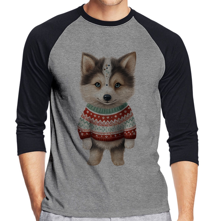 Camiseta Raglan Cachorro Husky Siberiano Natalino Manga 3/4 - Cinza/Preto