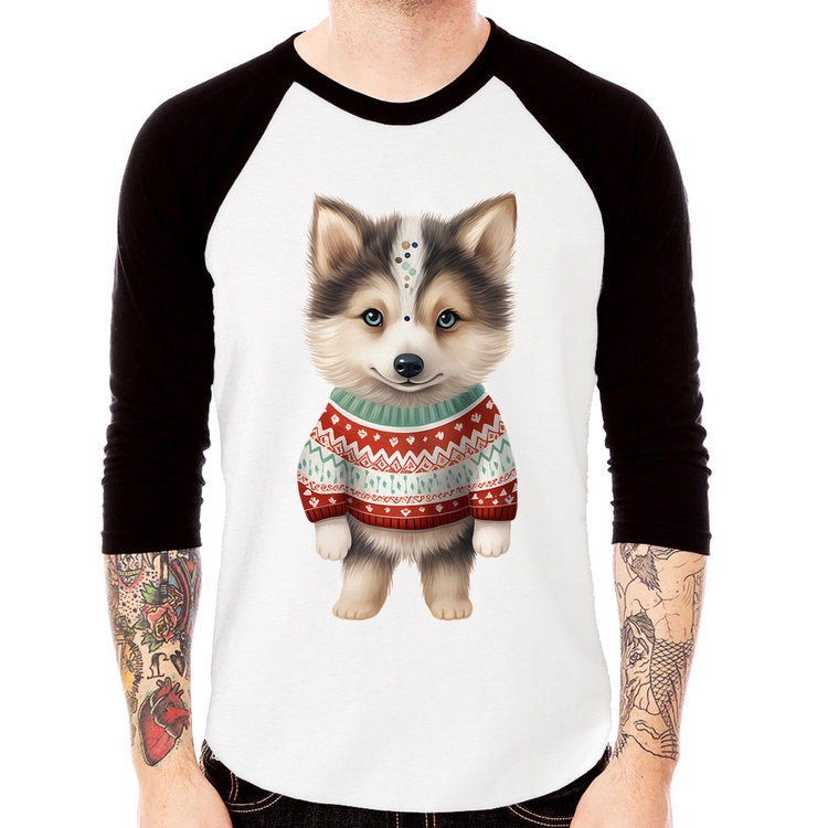 Camiseta Raglan Cachorro Husky Siberiano Natalino Manga 3/4