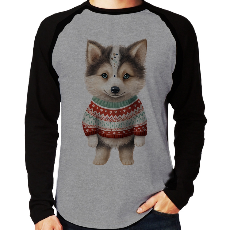 Camiseta Raglan Cachorro Husky Siberiano Natalino Manga Longa - Cinza/Preto
