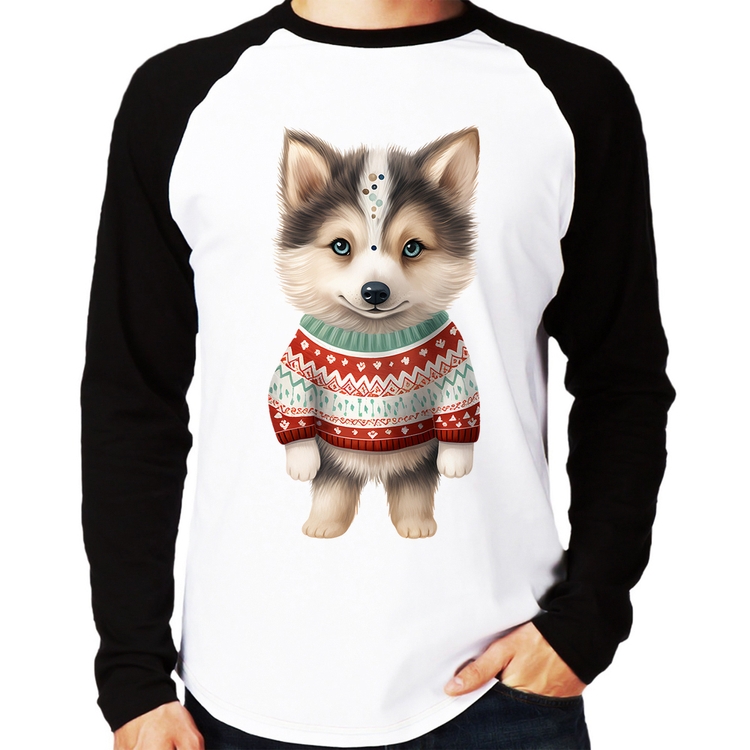 Camiseta Raglan Cachorro Husky Siberiano Natalino Manga Longa