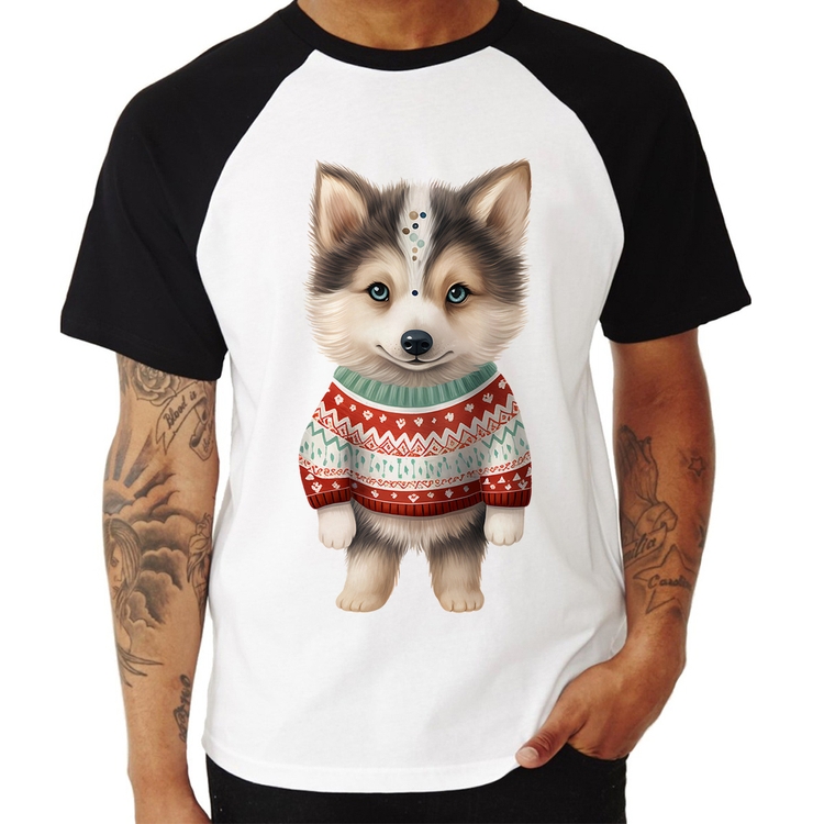 Camiseta Raglan Cachorro Husky Siberiano Natalino