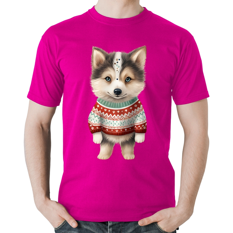 Camiseta Algodão Cachorro Husky Siberiano Natalino - Rosa