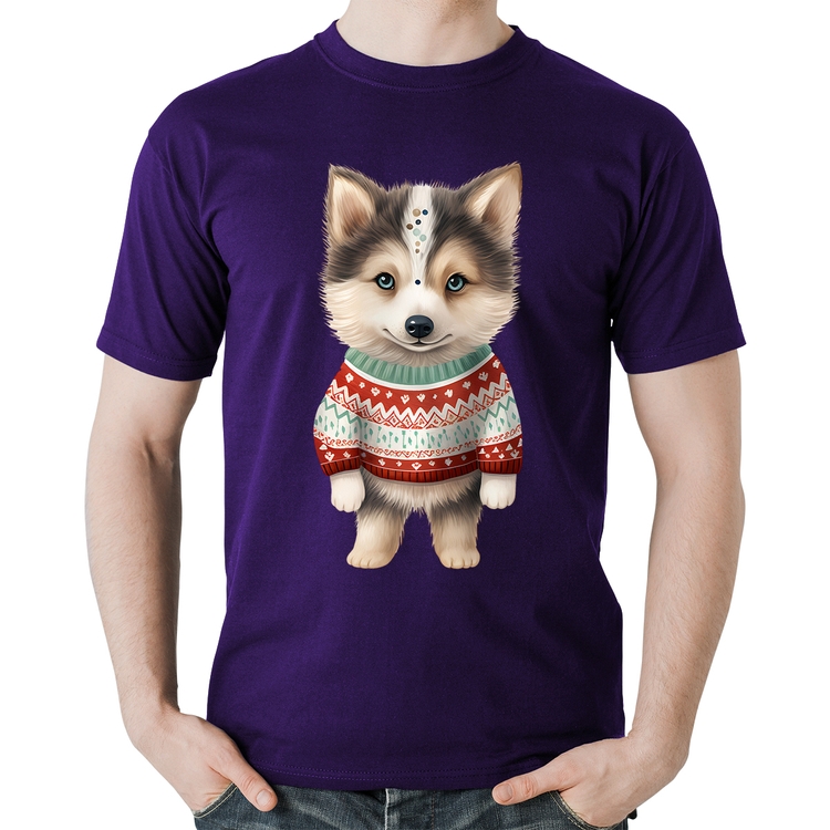 Camiseta Algodão Cachorro Husky Siberiano Natalino - Roxa