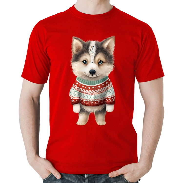 Camiseta Algodão Cachorro Husky Siberiano Natalino - Vermelha