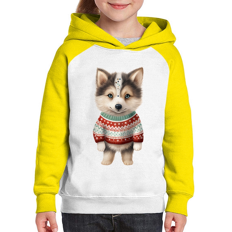 Moletom Infantil Cachorro Husky Siberiano Natalino - Branco/Amarelo