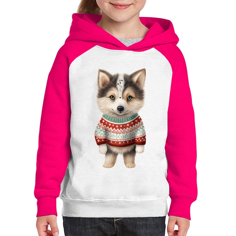 Moletom Infantil Cachorro Husky Siberiano Natalino - Branco/Rosa