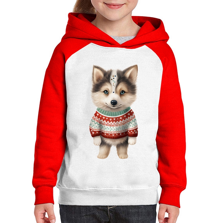 Moletom Infantil Cachorro Husky Siberiano Natalino - Branco/Vermelho