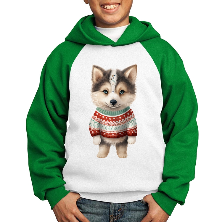 Moletom Infantil Cachorro Husky Siberiano Natalino - Branco/Verde
