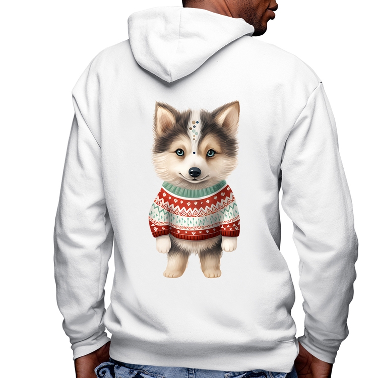 Blusa Moletom Cachorro Husky Siberiano Natalino Masculina com Capuz e Zíper - Branca