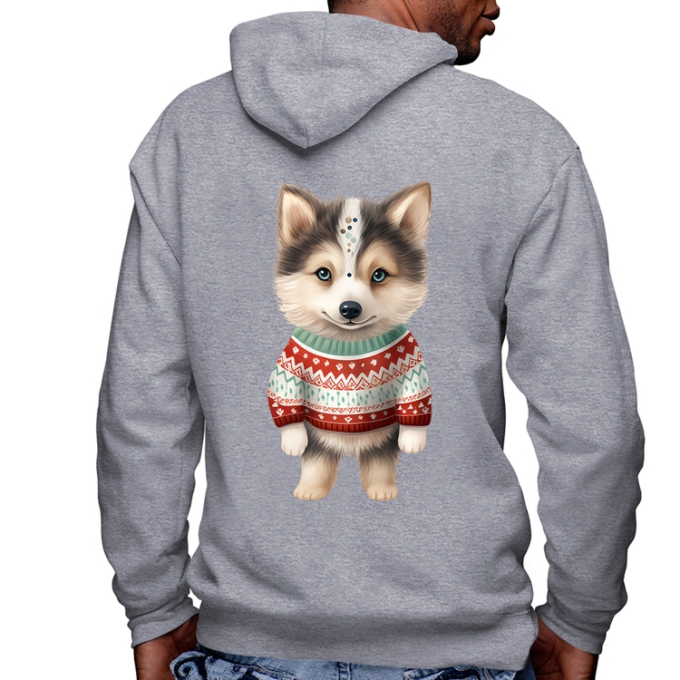 Blusa Moletom Cachorro Husky Siberiano Natalino Masculina com Capuz e Zíper - Mescla
