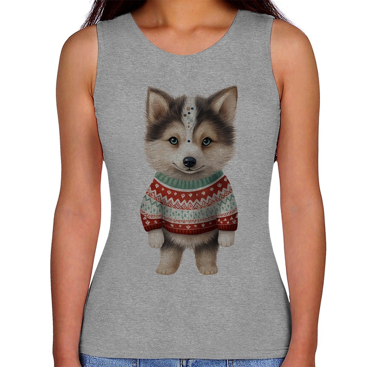 Regata Feminina Cachorro Husky Siberiano Natalino - Cinza