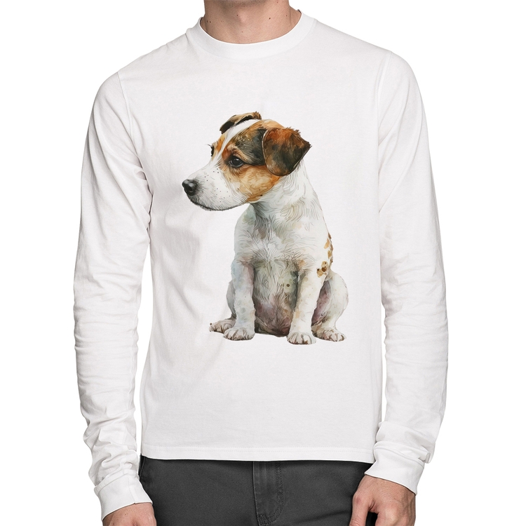 Camiseta Algodão Cachorro Jack Russell Terrier Manga Longa - Branca