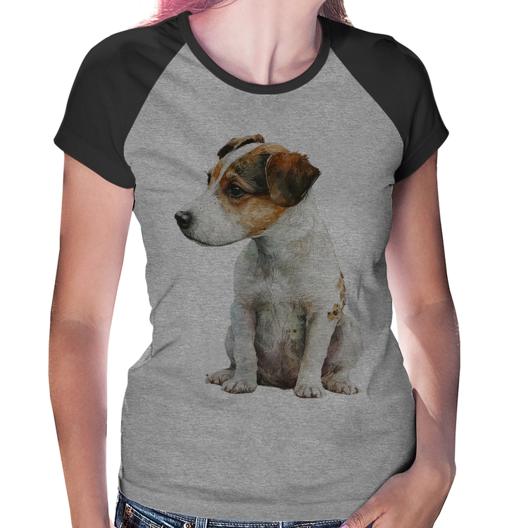 Baby Look Raglan Cachorro Jack Russell Terrier - Cinza/Preto