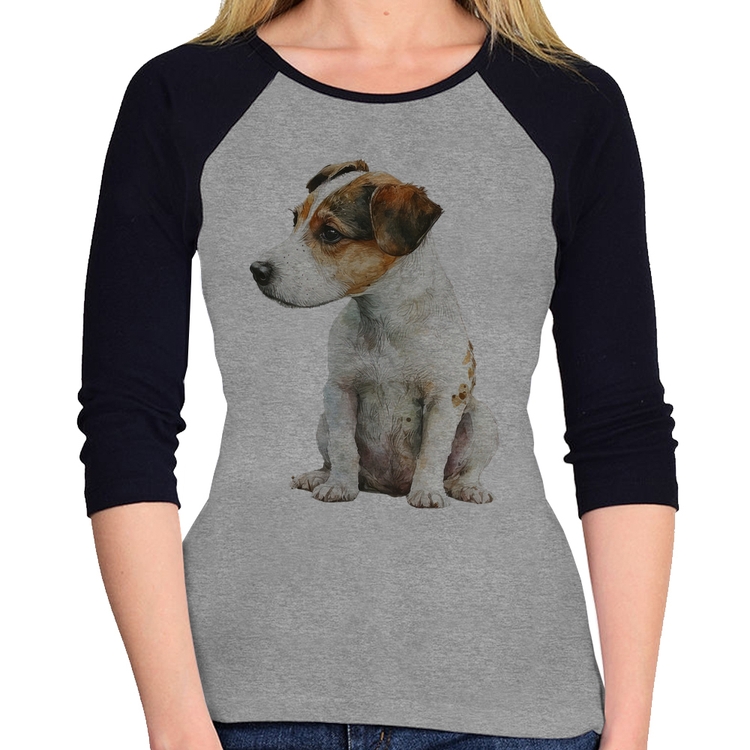 Baby Look Raglan Cachorro Jack Russell Terrier Manga 3/4 - Cinza/Preto