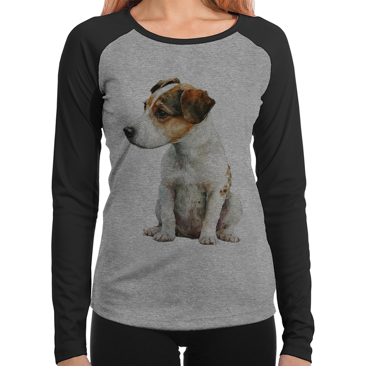 Baby Look Raglan Cachorro Jack Russell Terrier Manga Longa - Cinza/Preto