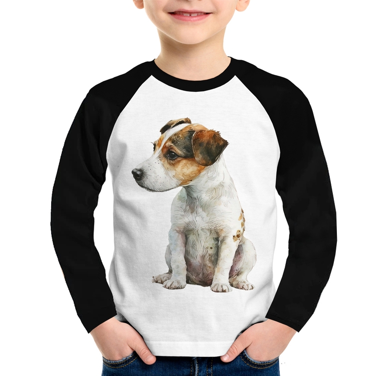 Camiseta Raglan Infantil Cachorro Jack Russell Terrier Manga Longa