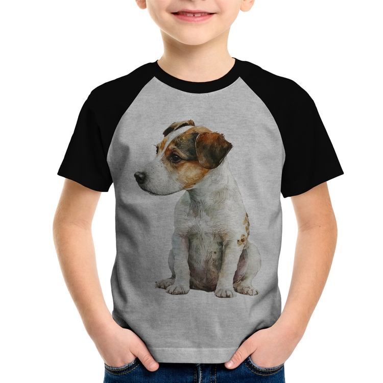 Camiseta Raglan Infantil Cachorro Jack Russell Terrier - Cinza/Preto